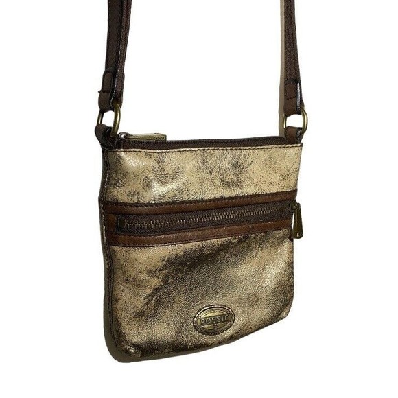 Fossil Explorer Mini Crossbody Purse Shoulder Bag Gold Metallic Leather 8x8 - Picture 3 of 9